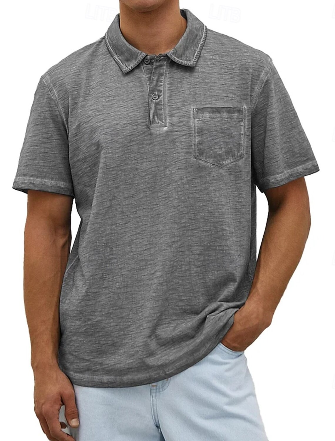 Men's Polo Shirts 100% Cotton Acid Wash Shirt Casual Holiday Lapel