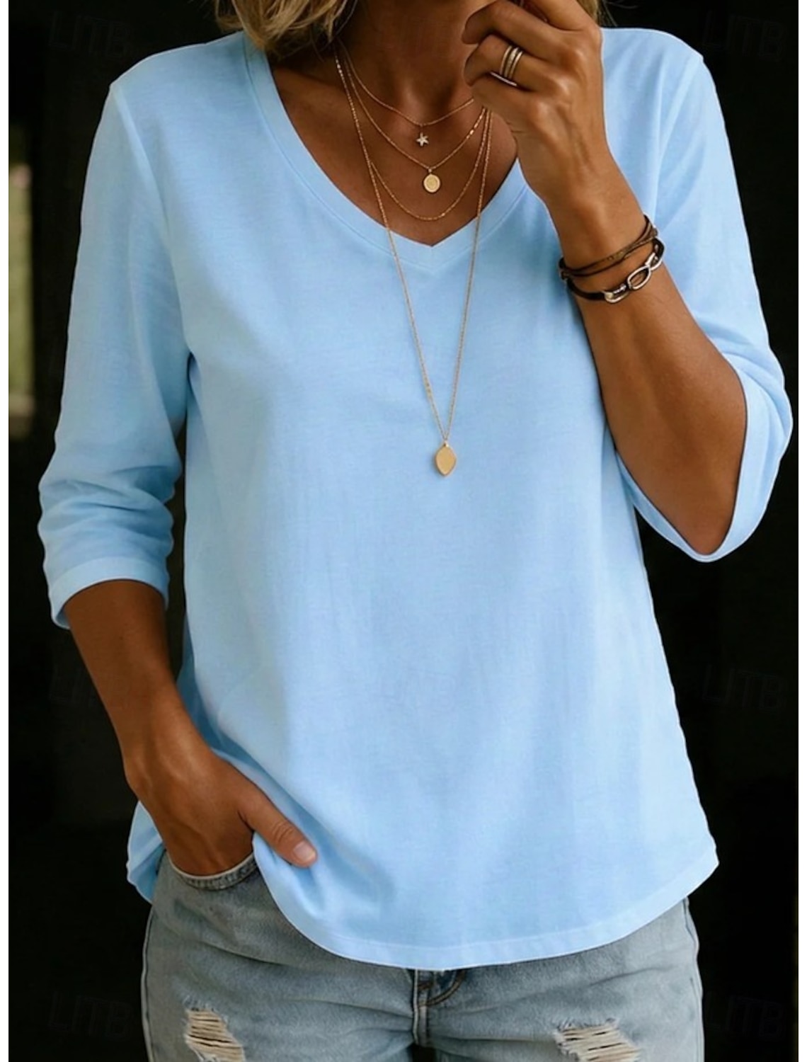 Women's T Shirt Solid Color Stylish Classic 3/4 Length Sleeve V Neck Long Tops Casual Blue Black White Light Green Pink Summer Spring