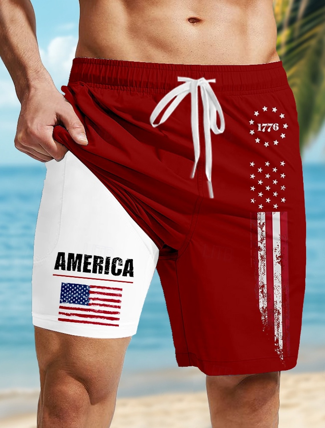 Independence Day Men's American US Flag 4th of July U.S. 250th Anniversary Patriotic Lined Shorts 2 in 1 Board Shorts Swim Trunks Mid Waist Holiday Side Pockets With Compression Liner Elastic