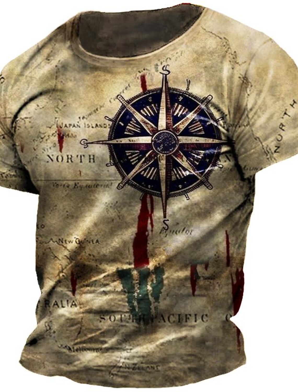 Men's Graphic Nautical Compass T Shirt Tee Distressed Short Sleeve 3D