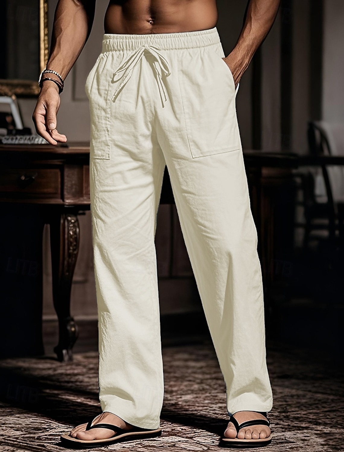 Men's Cotton Pants Drawstring Pocket Elastic Waist Plain Comfort Breathable Beach Vacation Boho Black White