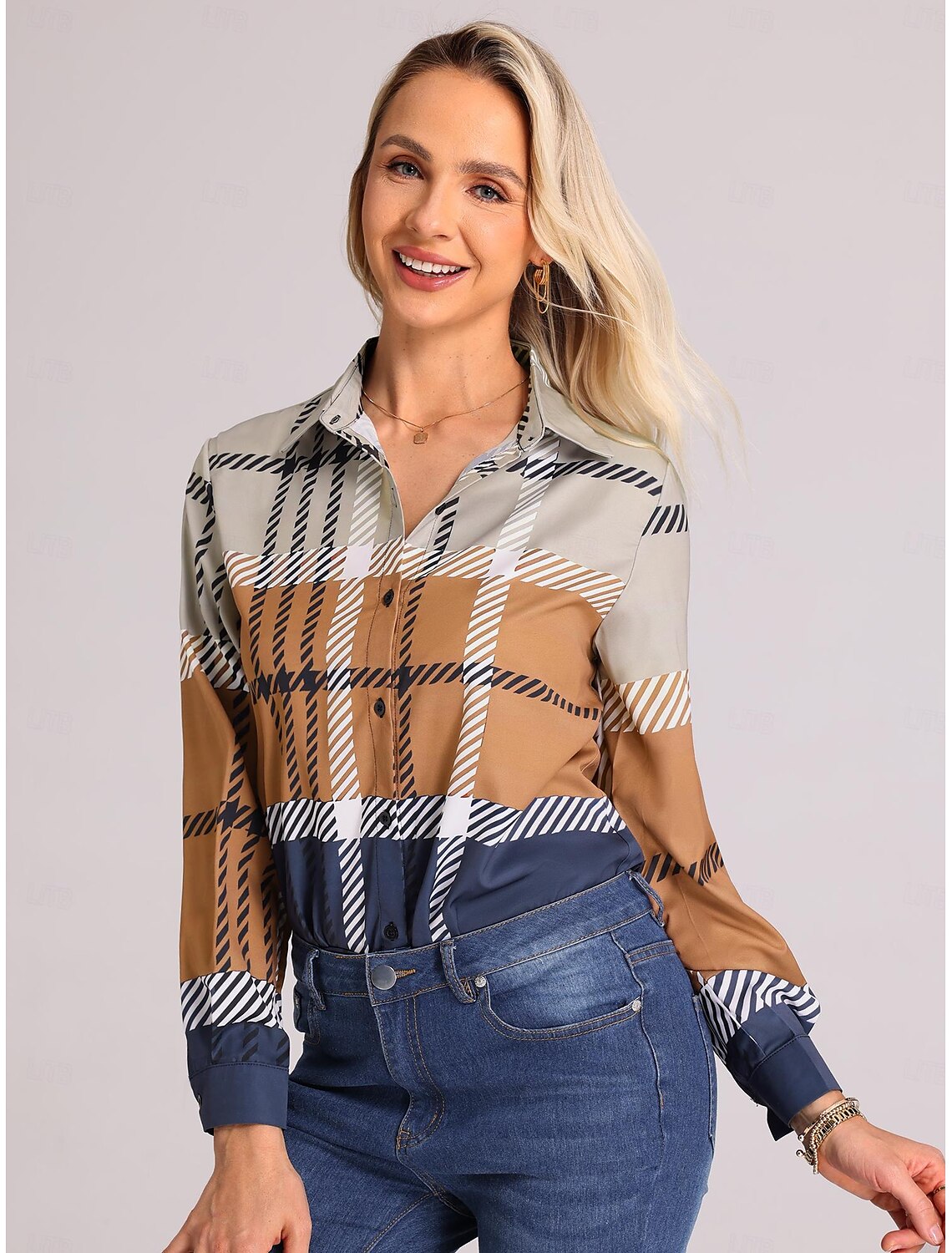 Women's Shirt Blouse Fashion Plaid Buttons Print Long Sleeve Regular Tops Shirt Collar Casual Spring & Fall