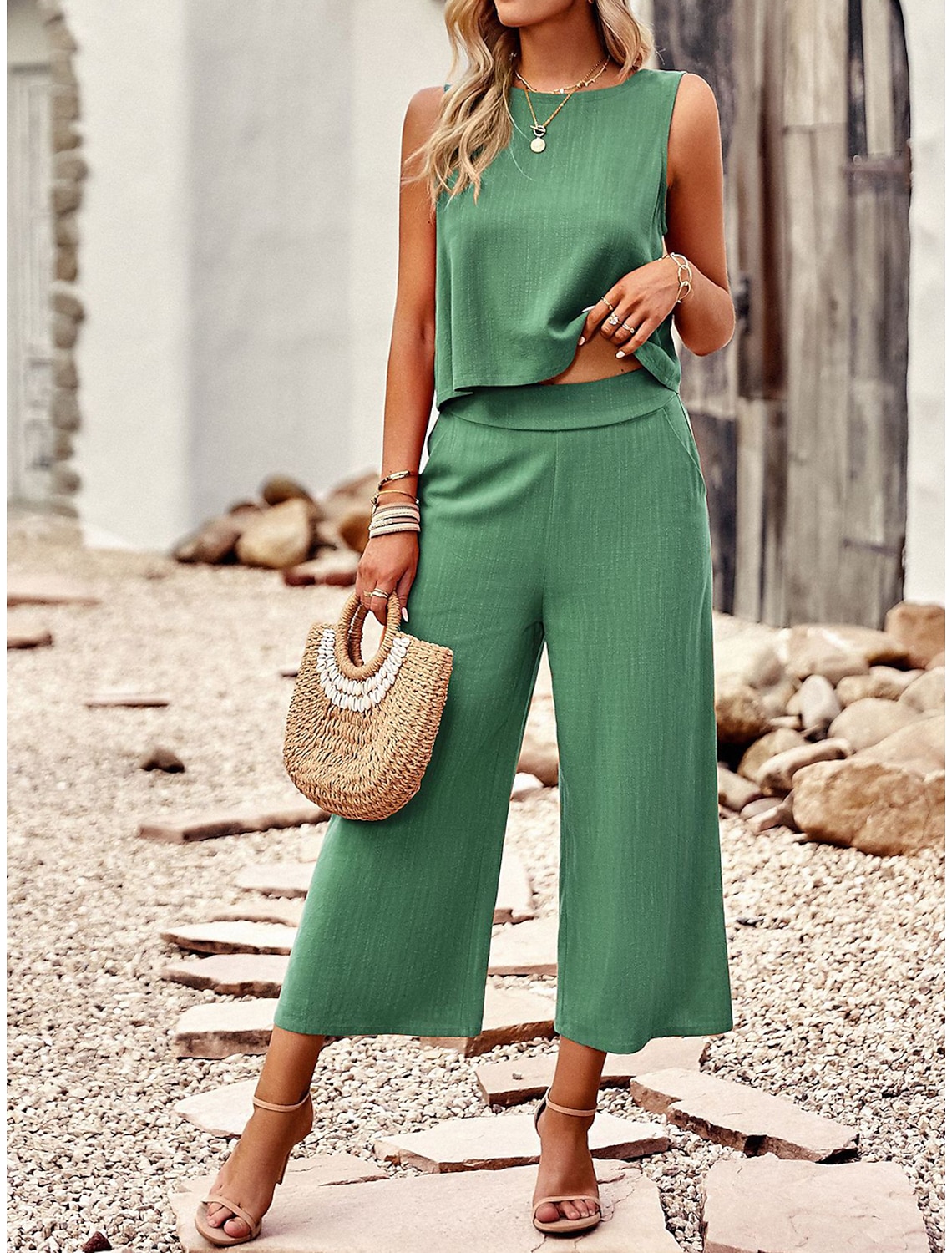 Tank Top Pants Sets Women's Solid Color Casual Daily Fashion Round Neck Regular Fit S