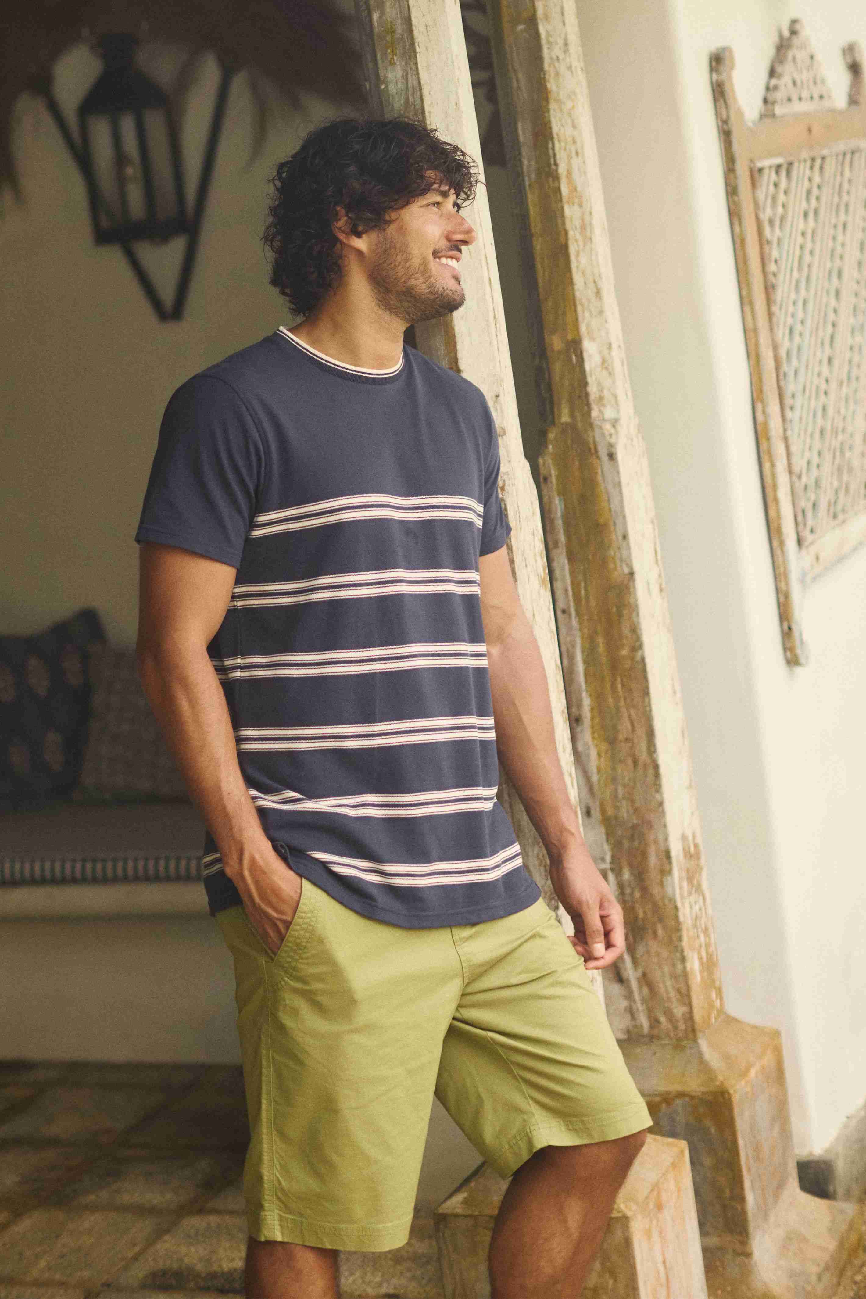 Fjord Pique Stripe Crew Neck T-Shirt Midnight