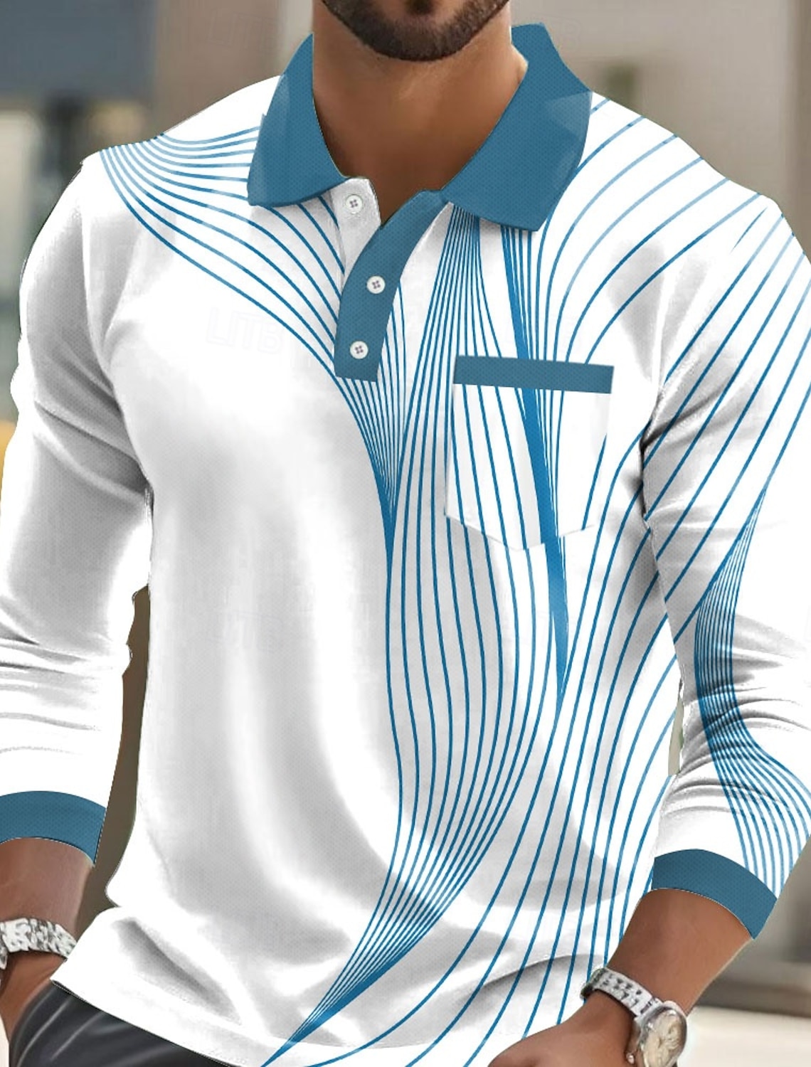 Men's Geometric Polo Long Sleeve Shirts Collared Business Casual