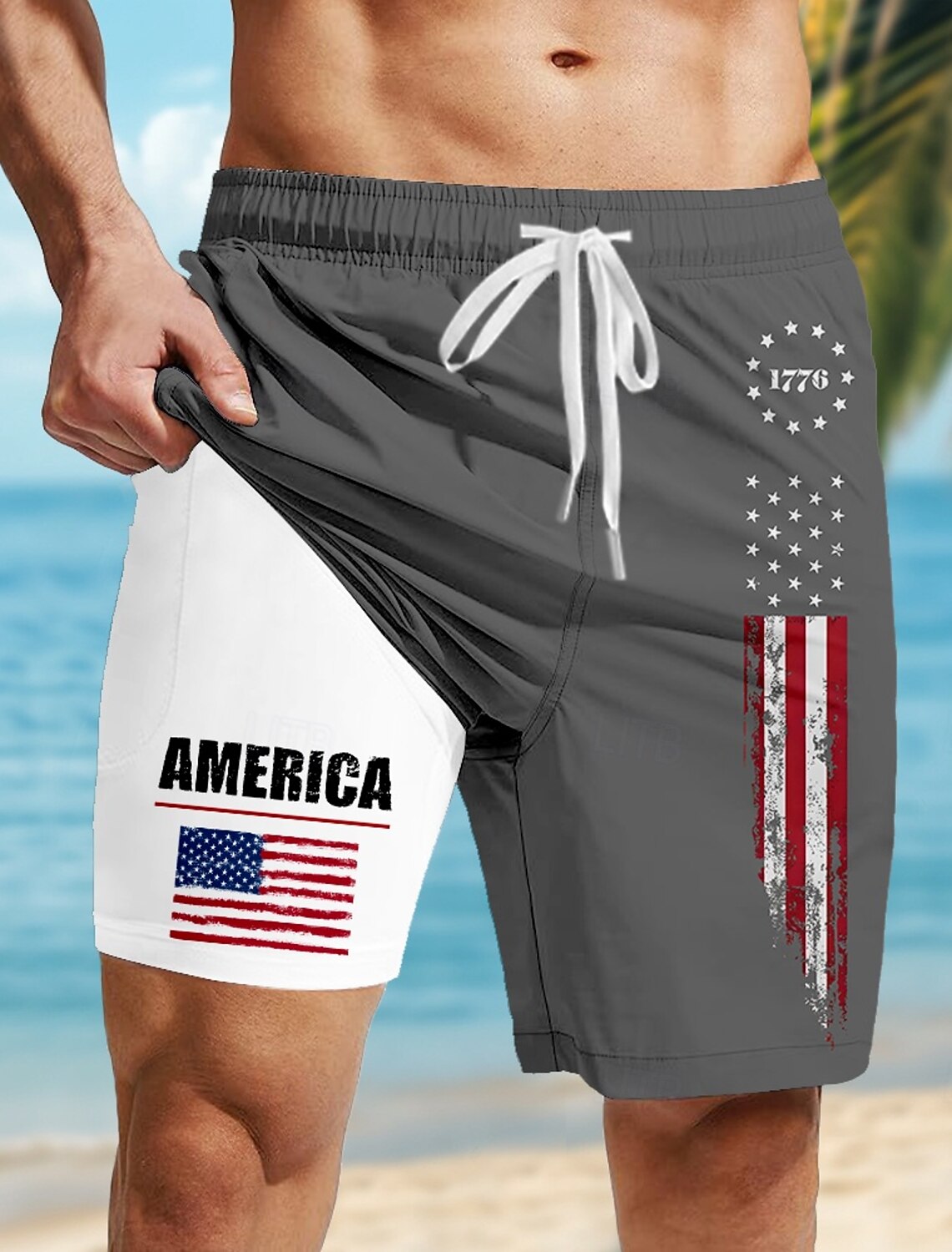 Independence Day Men's American US Flag 4th of July U.S. 250th Anniversary Patriotic Lined Shorts 2 in 1 Board Shorts Swim Trunks Mid Waist Holiday Side Pockets With Compression Liner Elastic