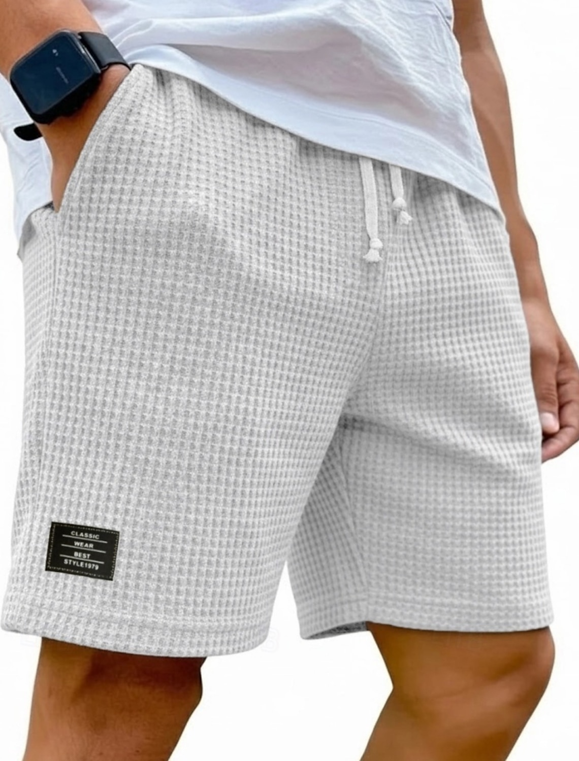 Men's Waffle Shorts Shorts Summer Shorts Beach Shorts Casual Shorts Pocket Elastic Waist Plain Comfort Breathable Knee Length Casual Outdoor Beach Vacation Fashion Black White Micro-elastic