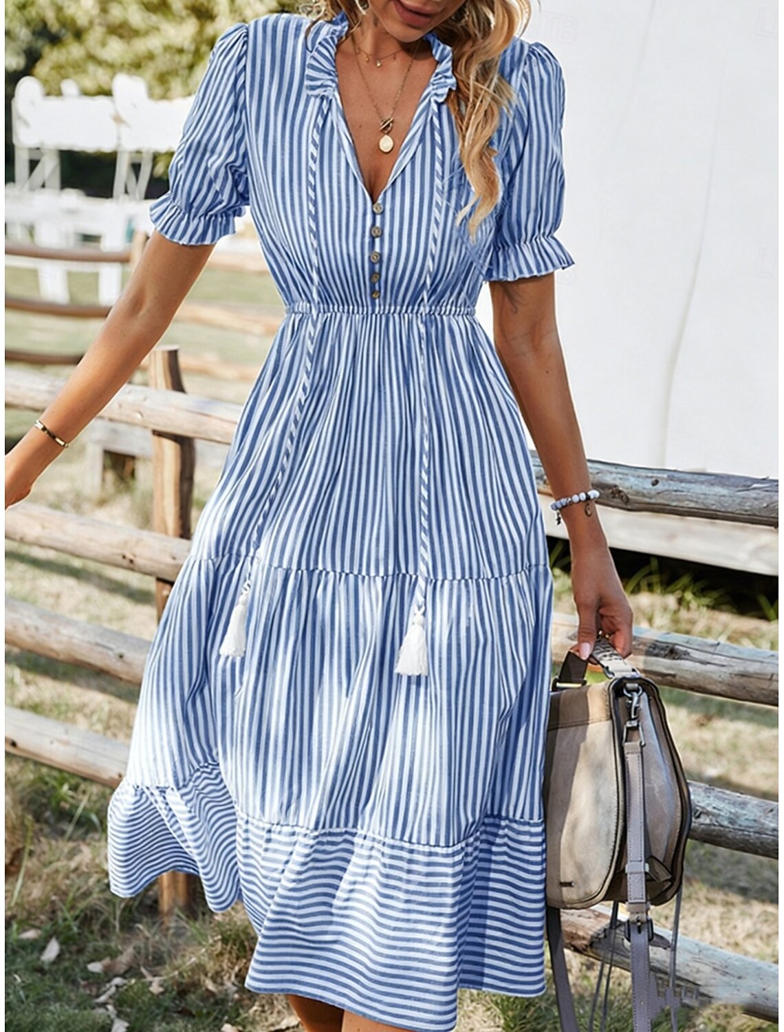 Women's Midi Dress Casual Dress Swing Dress Elegant Fashion Modern Outdoor Vacation Going out Regular Fit Striped Short Sleeve V Neck Blue Yellow Pink Green Summer Spring