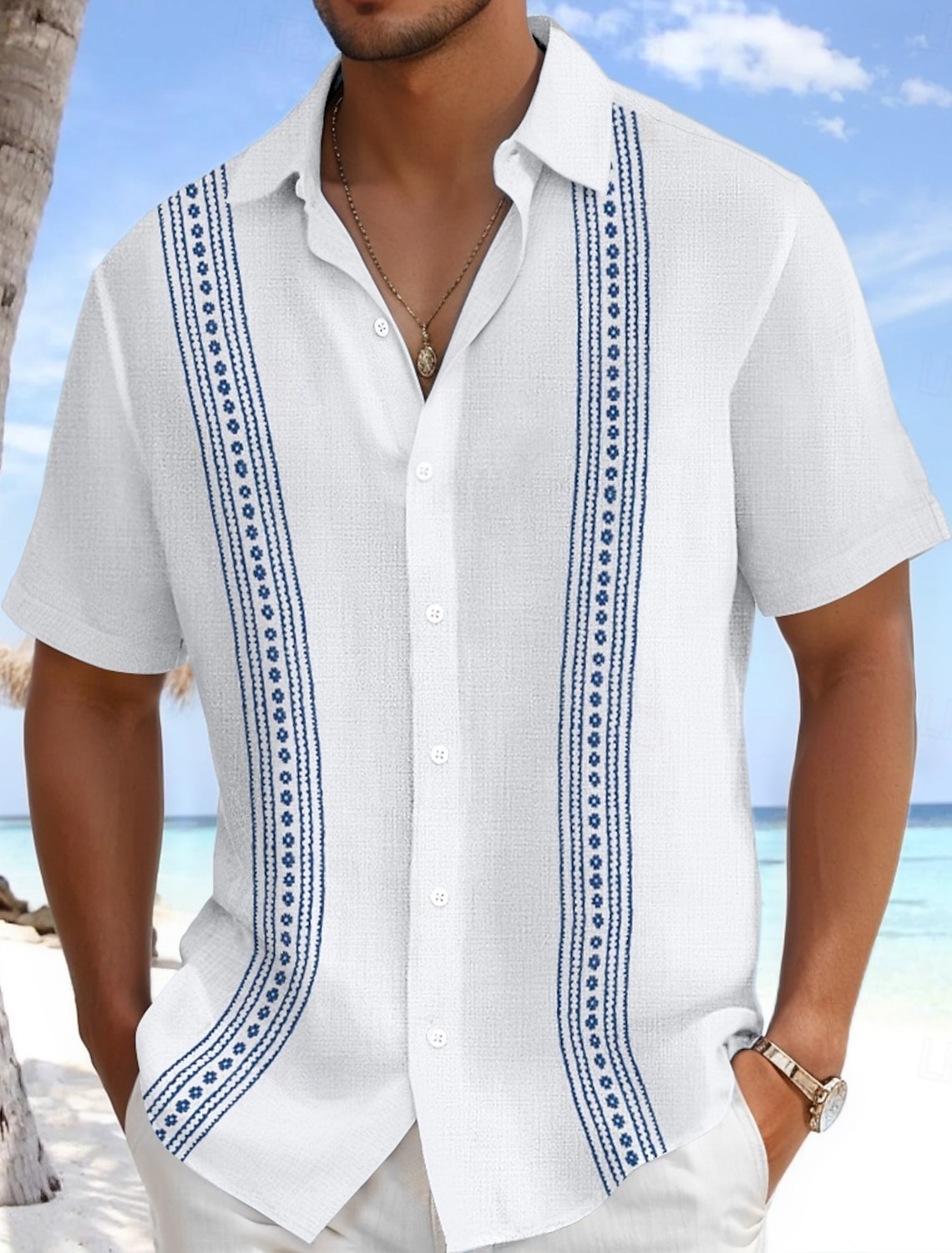 Men's Shirt Linen Guayabera Summer Beach Wear Plain Casual Daily Blue