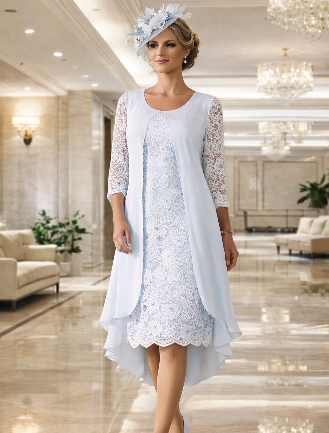 Two Piece A-Line Knee Length Wedding Guest Dress Mother of the Bride Dress Sleeveless Scoop Neck Elegant Wedding Guest Wedding Party Chiffon Lace Jacket Dresses with Pleats Appliques