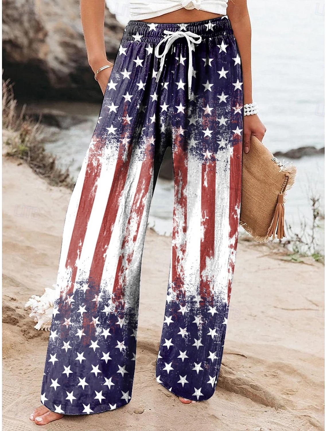 Independence Day Patriotic Women's Wide Leg Chinos Baggy Pants Beach Shorts Vacation Vintage Fashion Full Length High WaistPantsGraphic Flag Flag Printing Micro-elastic Casual Daily Vacation