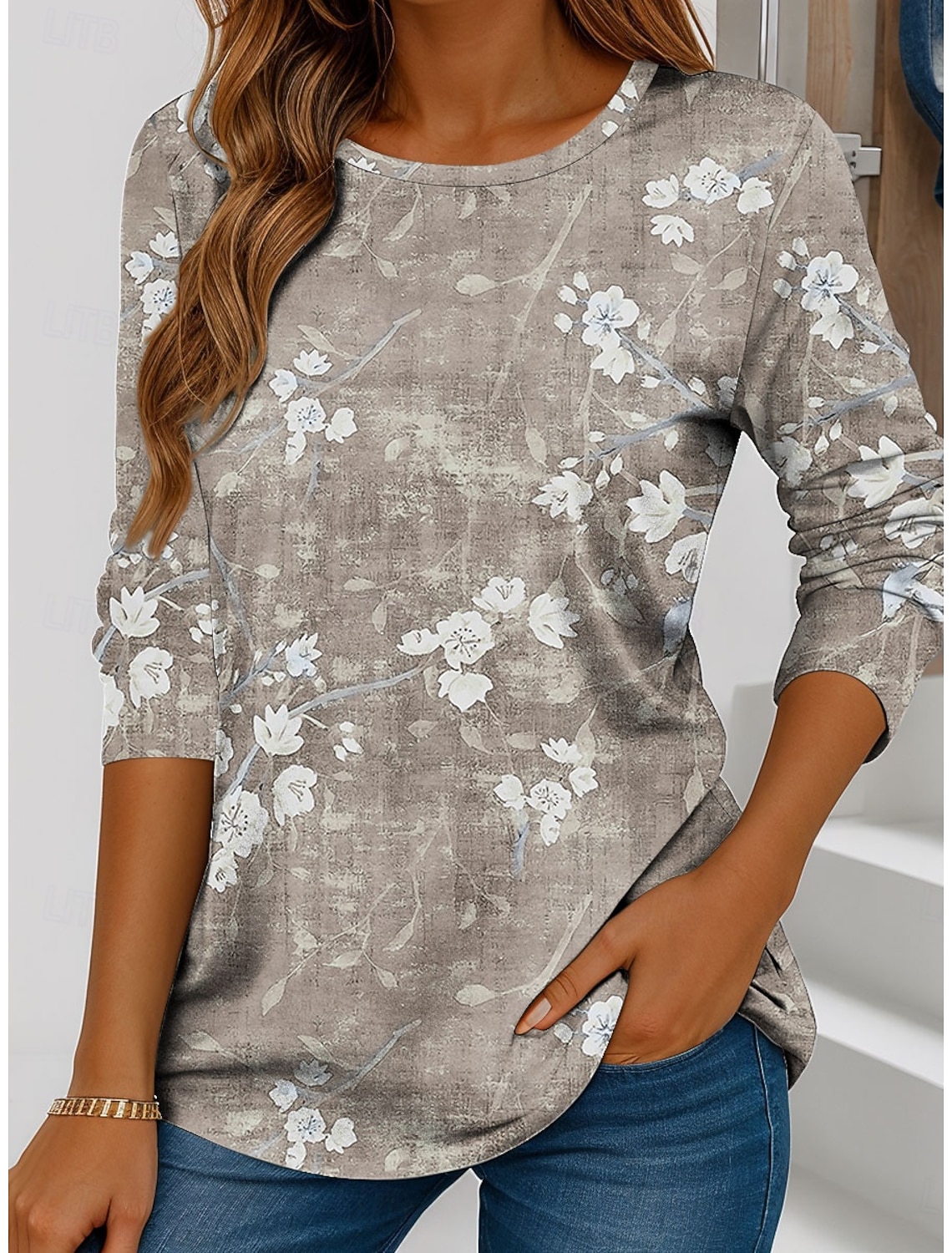 Women's T shirt Long Sleeve Casual Print Regular Tops Daily Blue Green Khaki Spring Fall Prefall