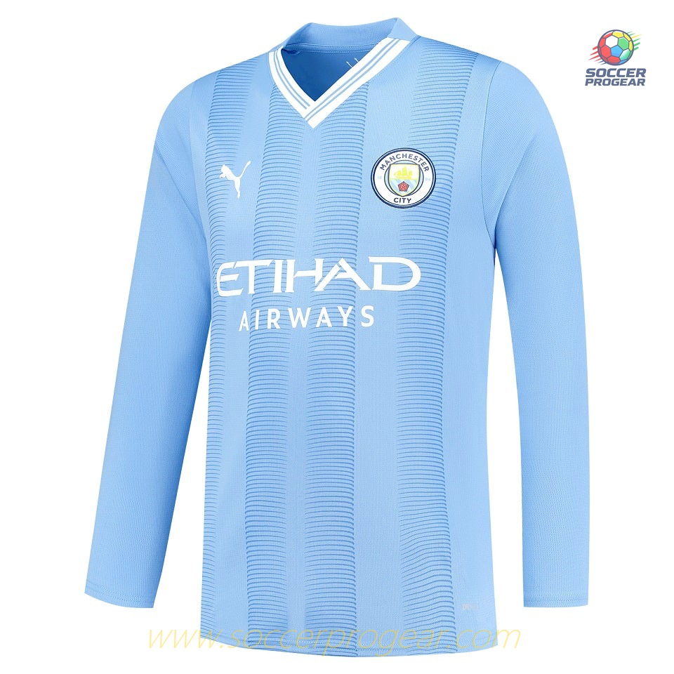 Manchester City Home Football Team Jersey 2023 2024 Long Sleeve Version