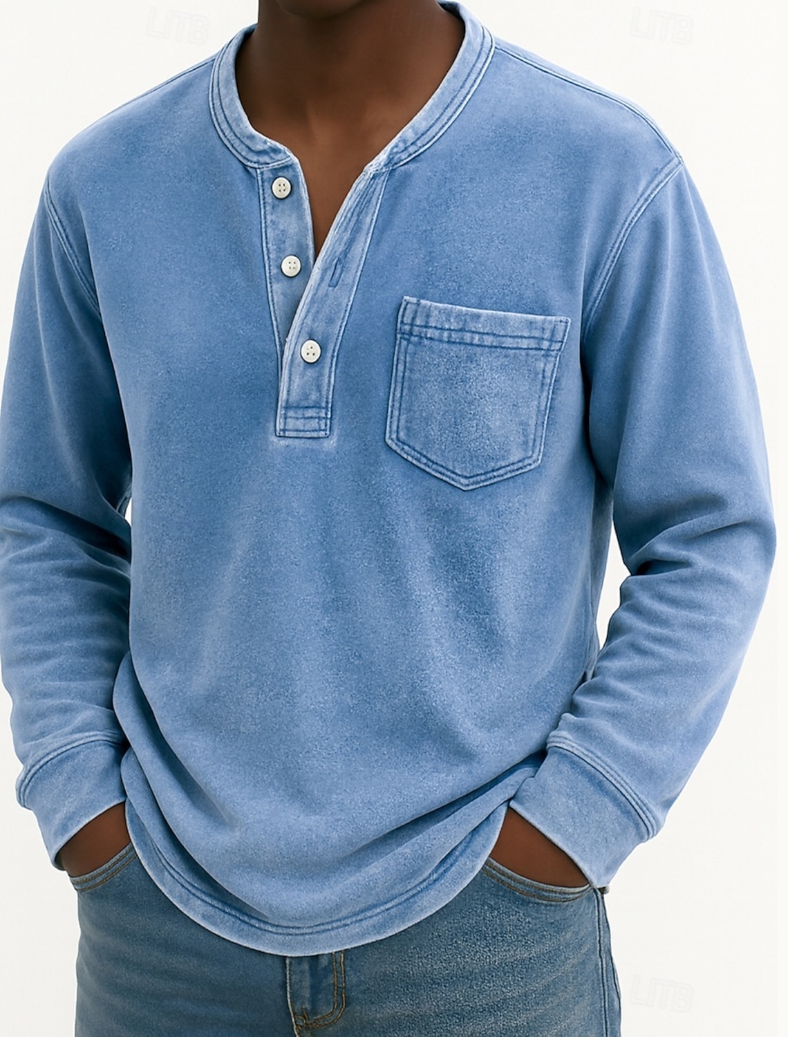 Men's Henley Shirt 100% Cotton Acid Wash T Tee Long Sleeve Vintage