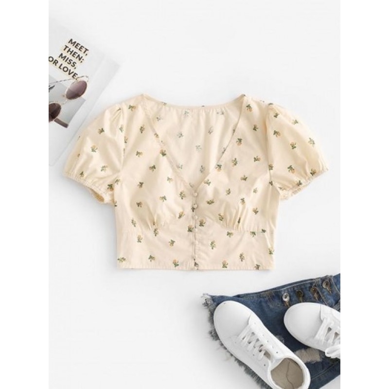 Puff Sleeve Ditsy Print Cropped Blouse QW4646