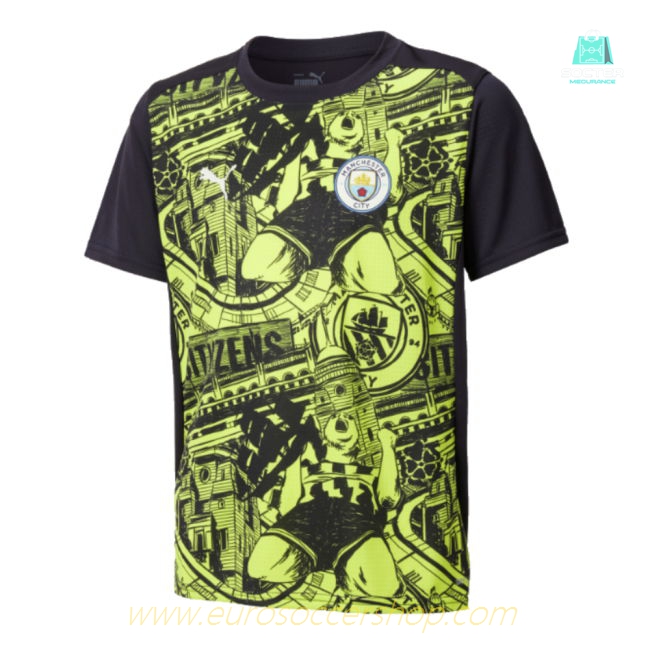 2024-2025 Man City Pre-Match Shirt (Yellow Glow) - Kids (Kun Aguero 10)