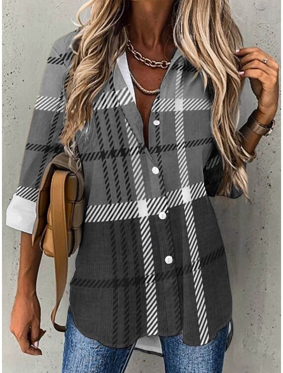 Women's Shirt Blouse Fashion Plaid Buttons Print Long Sleeve Regular Tops Shirt Collar Casual Spring & Fall