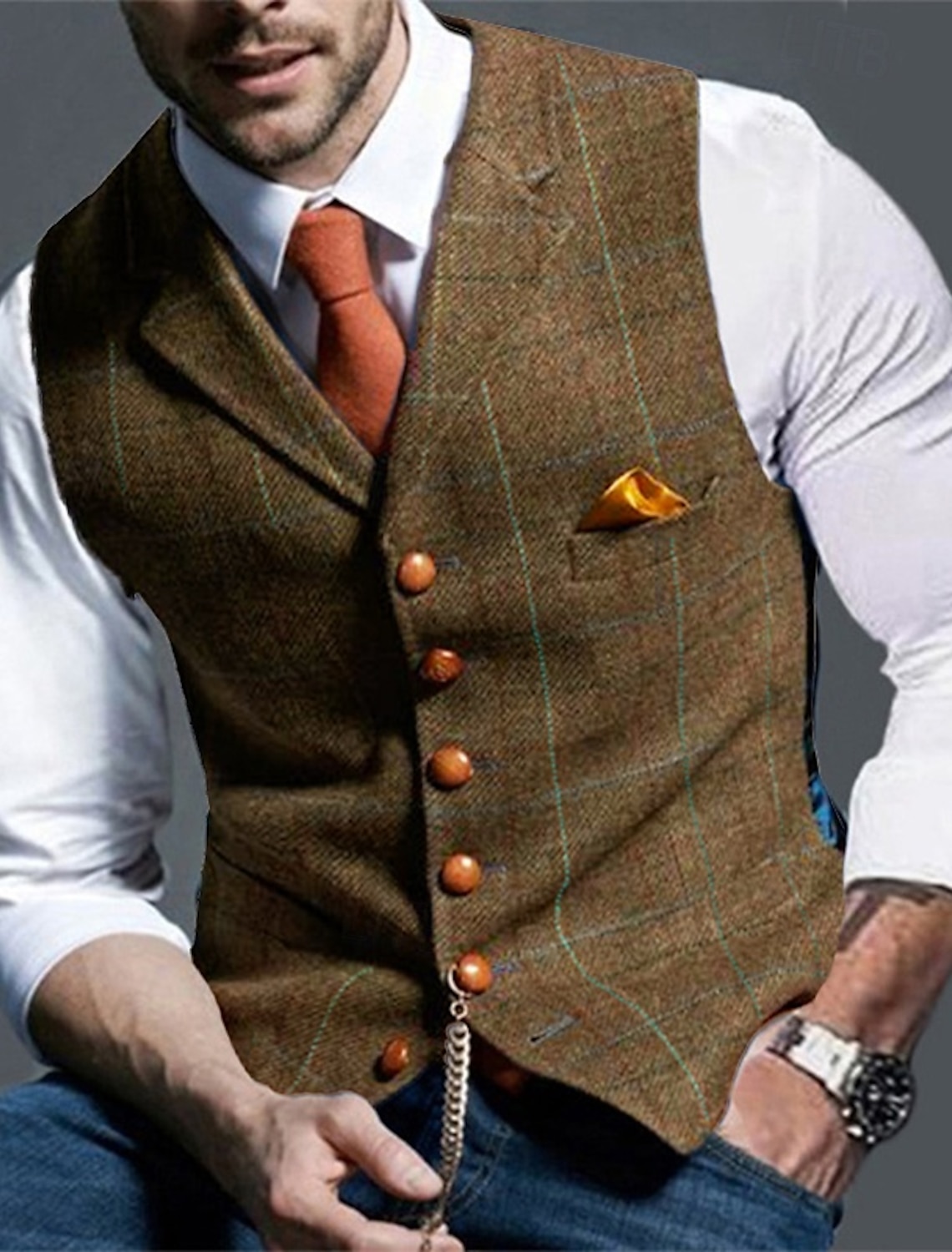 Men's Vest Tweed Vest Waistcoat Vintage Fashion Spring & Fall Buttons Wool Blend Comfortable Plain Single Breasted V Neck Regular Fit Deep Green Navy Dark Gray Light Grey Vest