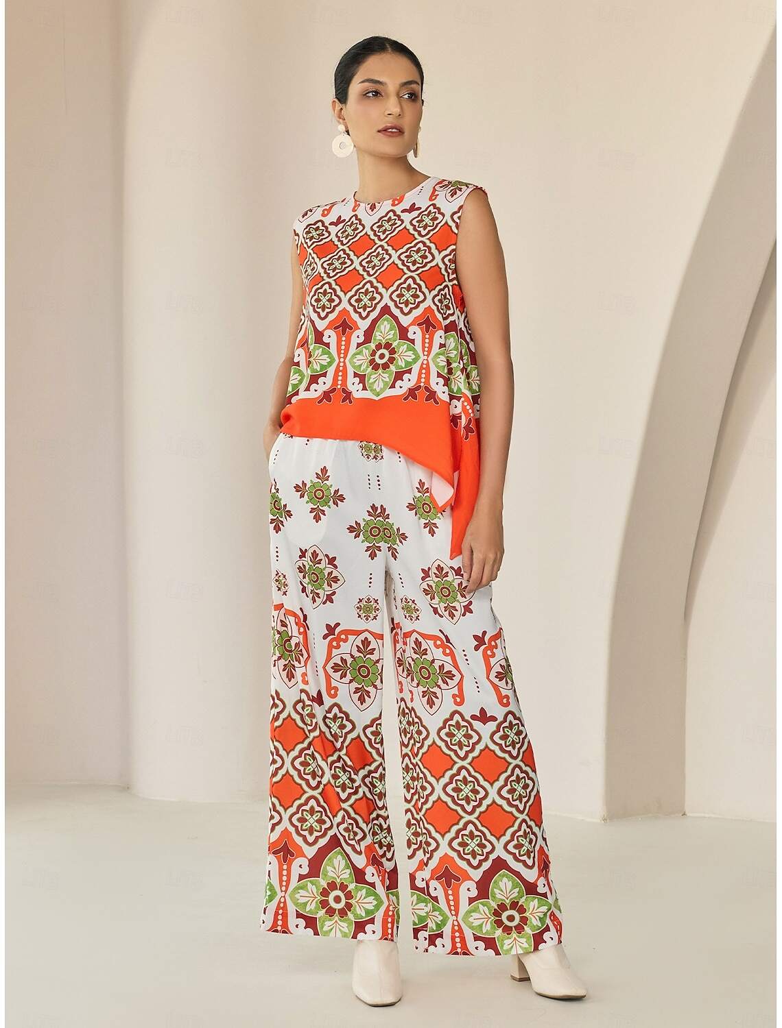 Satin Boho Double Slit Crew Neck Sleeveless Tank Top