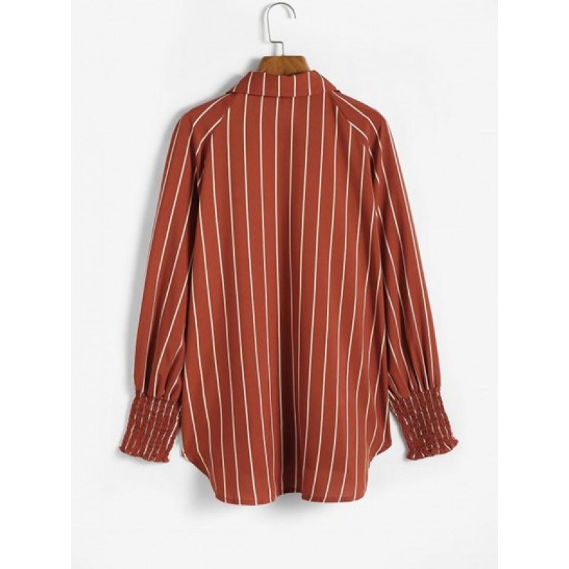 Stripes Shirred Sleeve Tie Button Down Shirt QN4206