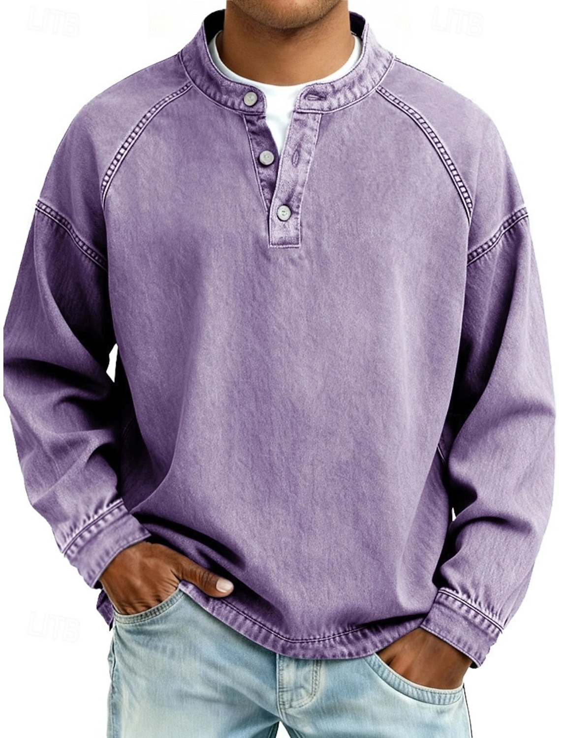 Men's T Shirt Henley Shirt 100% Cotton Acid Wash Shirt Tee Top Long Sleeve Plain Vintage Streetwear Casual Washed Raglan Sleeves Stand Collar Henley Casual Home Street Spring Fall Fall & Winter Black