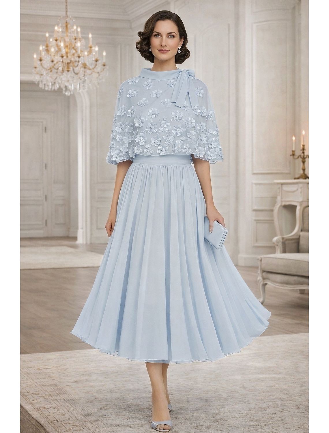 A-Line Tea Length Party Dress Cocktail Dress Wedding Guest Dress Mother of the Bride Dress Short Sleeve Crew Neck Boat Neck Elegant Formal Wedding Guest Family Gathering Chiffon Wrap Included with 3D