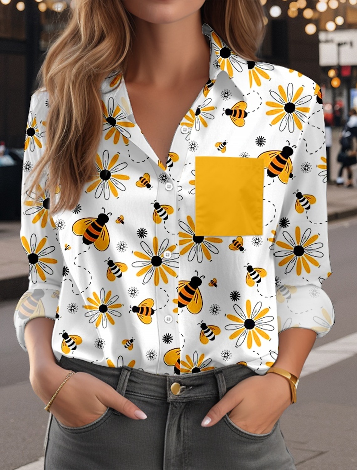 Women's Shirt Blouse Modern Casual Bee Regular Tops Long Sleeve Shirt Collar Buttons Print Regular Fit Work Daily Spring Fall