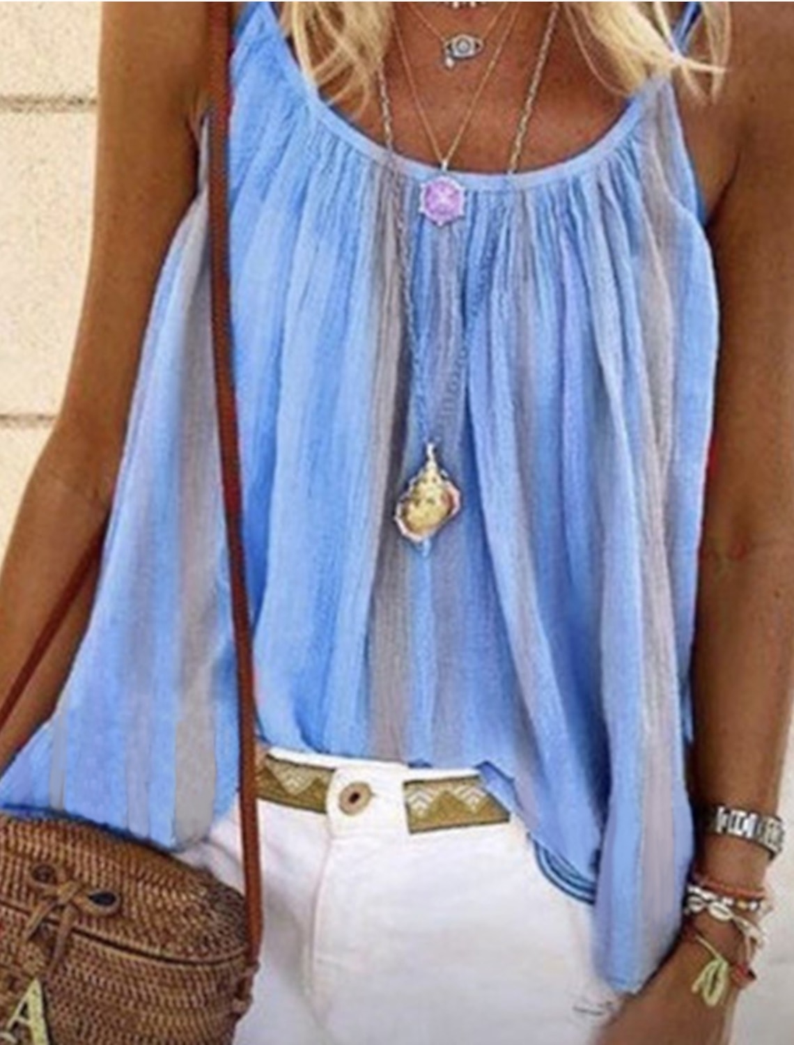 Women's Camisole Tank Top Camisole Summer Tops Yellow Pink Blue Stripes Pleated Holiday Boho Round Neck S