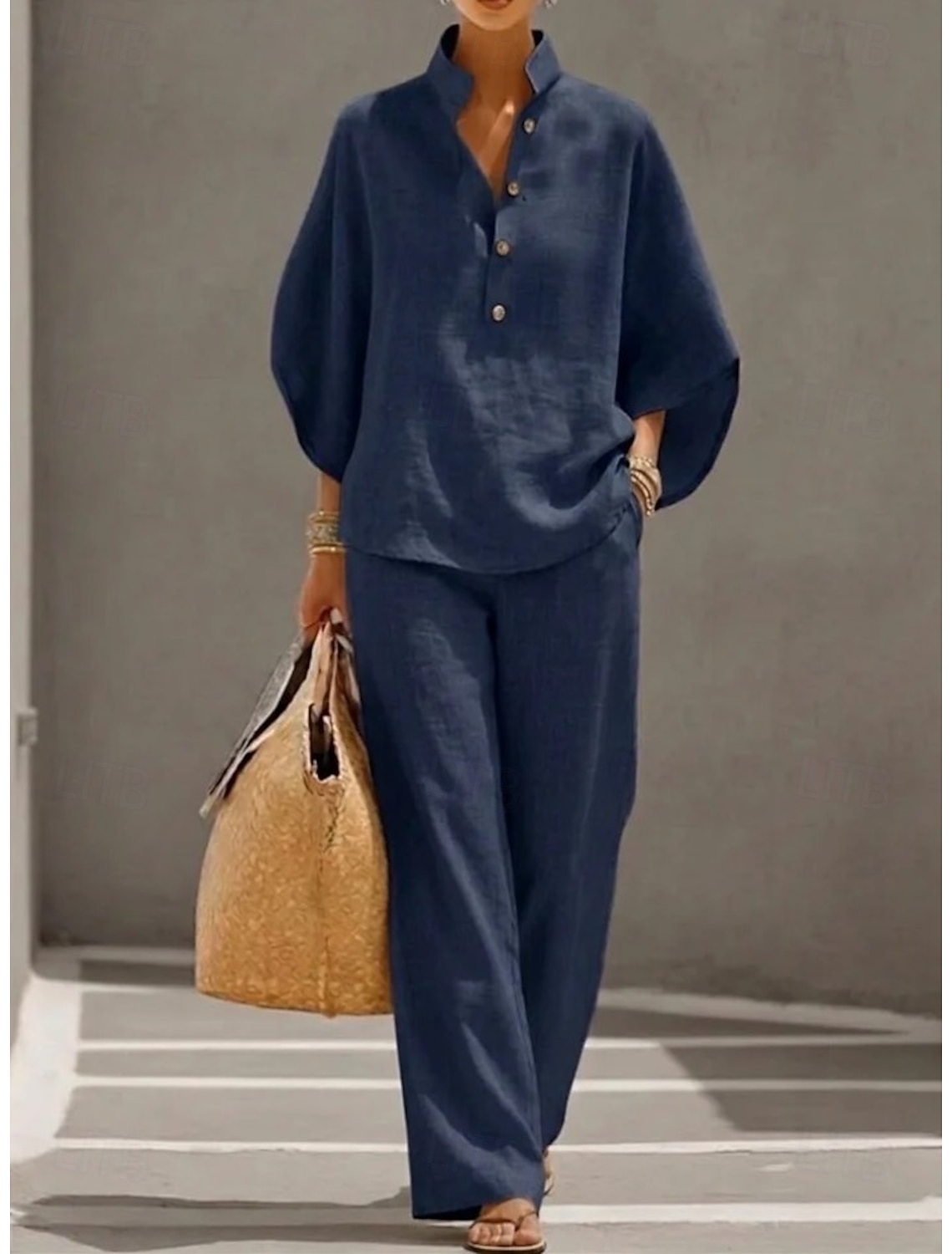 Women's Cotton Linen Sets 3/4 Length Sleeve Stand Collar Solid Color Daily Distressed Casual Daily Black Yellow Wine Summer Loose Fit