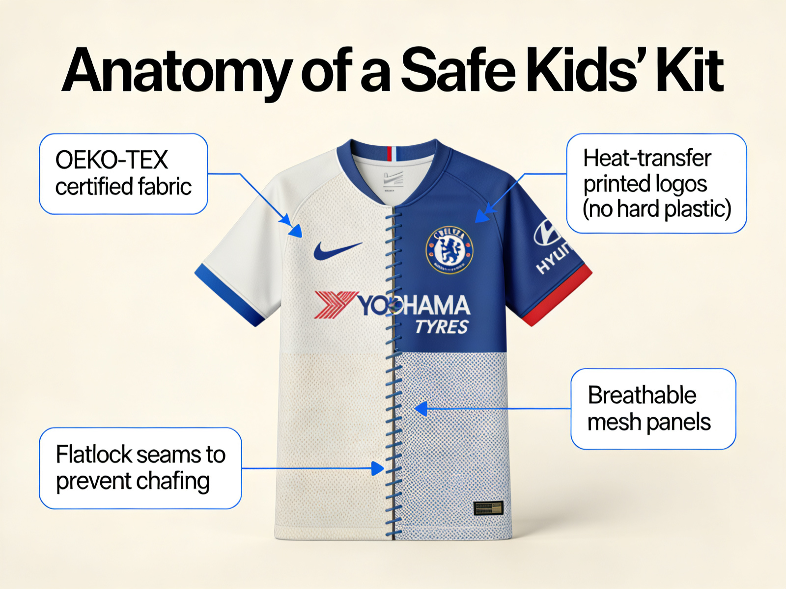 Infographic showing "Anatomy of a Safe Kids' Kit" with callouts: 1. OEKO-TEX certified fabric 2. Heat-transfer printed logos (no hard plastic) 3. Flatlock seams to prevent chafing 4. Breathable mesh panels