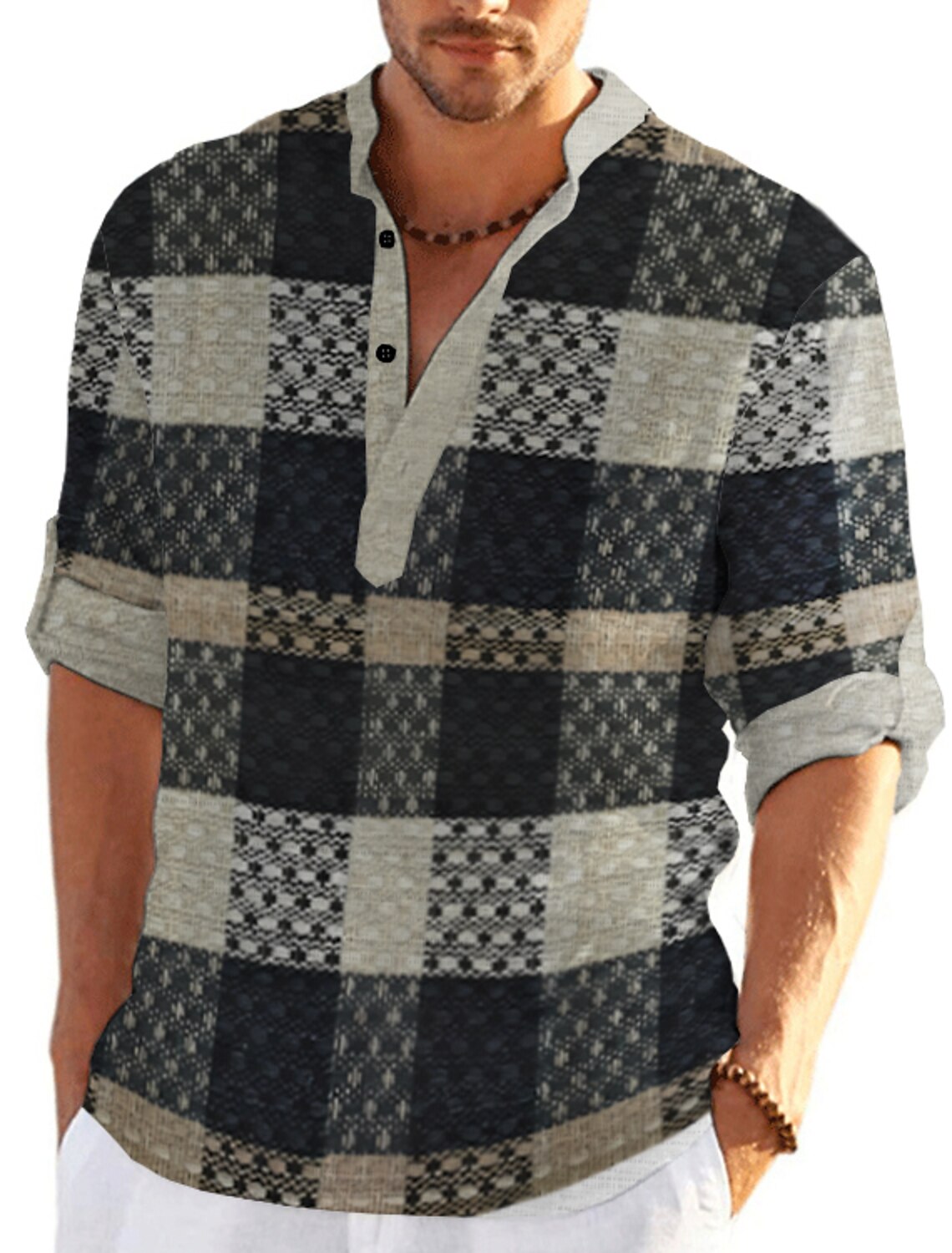 Men's Plaid / Check Patchwork Geometric Pattern Shirt Button Up Shirt Long Sleeve Fashion Streetwear Designer Casual Going out Summer Spring Fall Stand Collar Print Blue Khaki Khaki+Khaki Black White