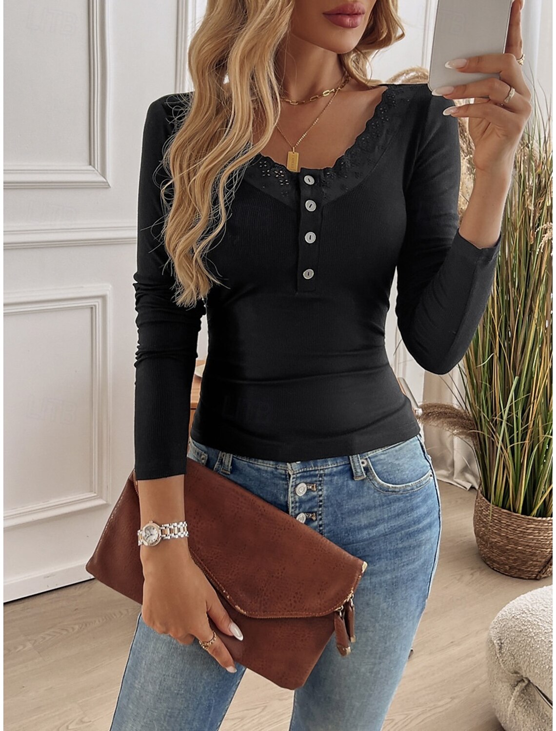 Women's Elegant Lace Tops Eyelet Blouse Elegant Daily Solid Color Regular Tops Long Sleeve Scoop Neck Regular Fit Daily Romantic Petite Tops Summer Holiday Wear