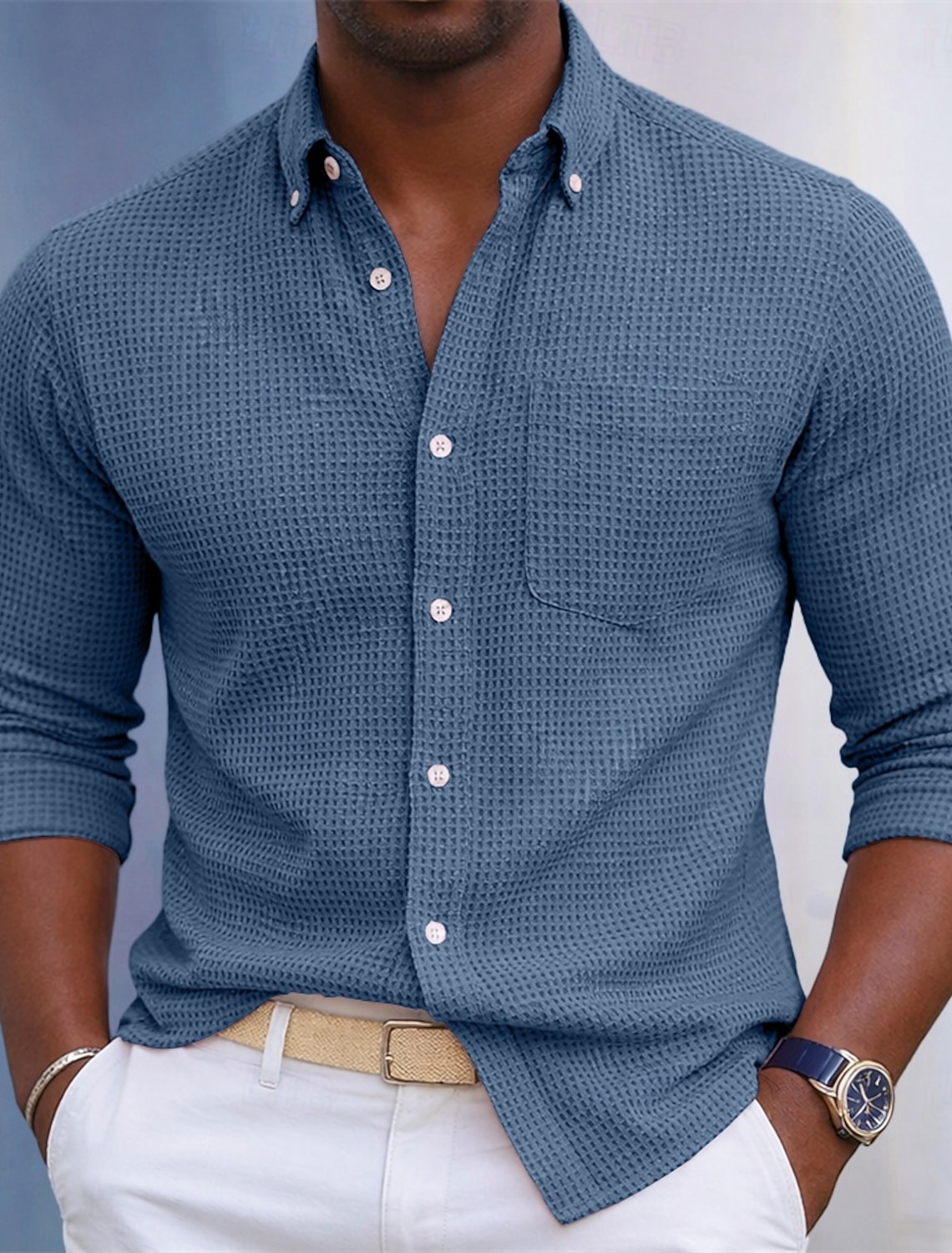 Men's Shirt Waffle Texture Casual Button Up Blue Pink Burgundy Navy