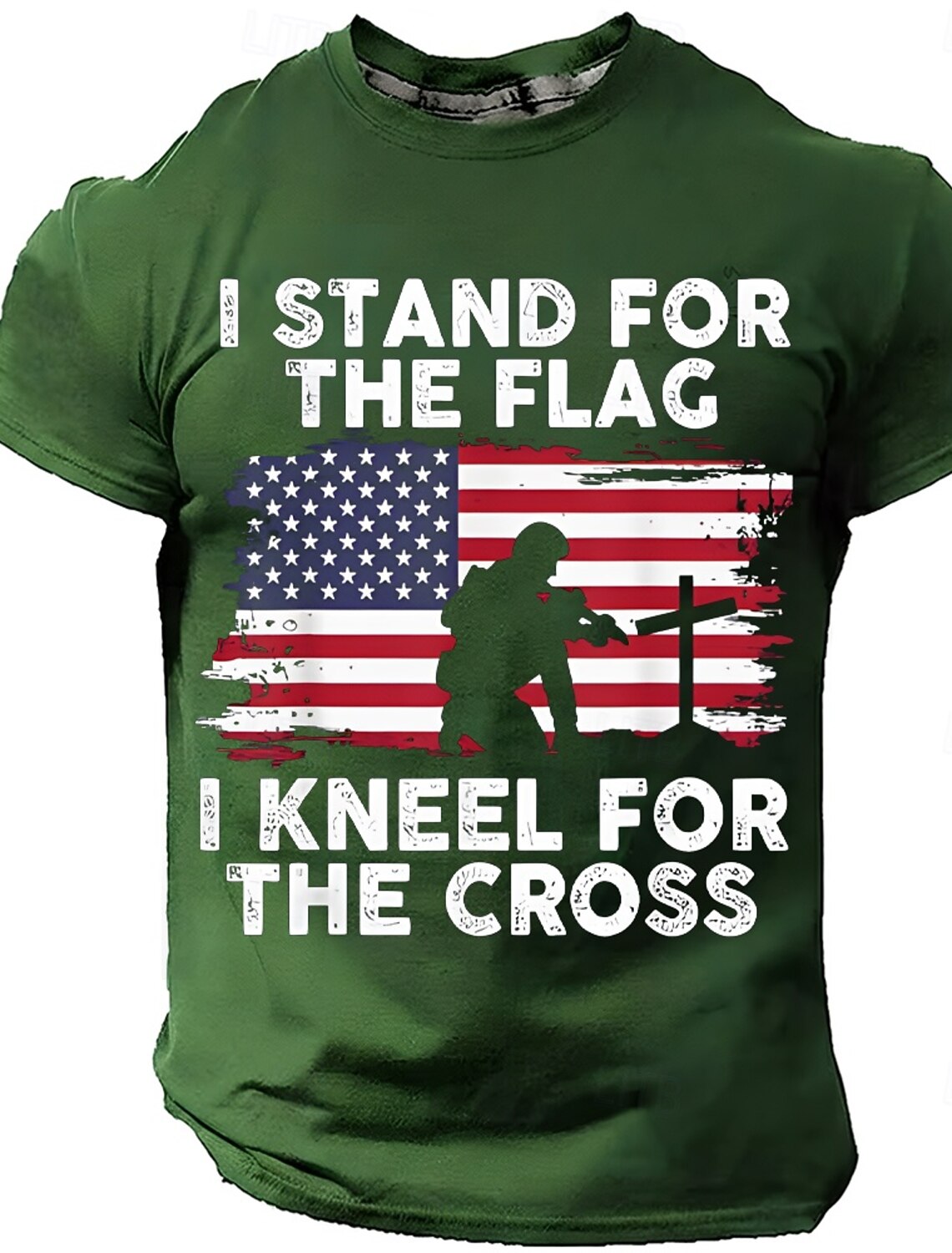 Memorial Day I Stand For The Flag I Kneel For The Cross Men's Bible American Flag Kneeling Soldier Christian Cross Patriotic Graphic T Shirt Vintage Casual Tee Designer Clothing Apparel