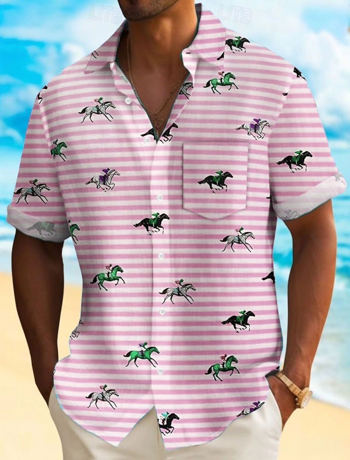 Kentucky Derby Men's Striped Horse Racing Shirt Casual Button Up Short
