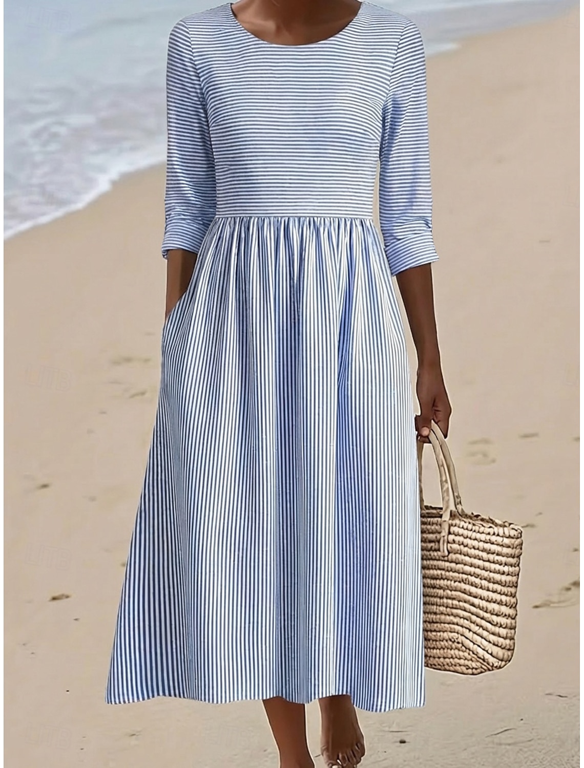 Women's Midi Dress Casual Dress Cotton Dress Fashion Modern Outdoor Vacation Holiday Regular Fit Striped 3/4 Length Sleeve Crew Neck Light Blue Summer Spring