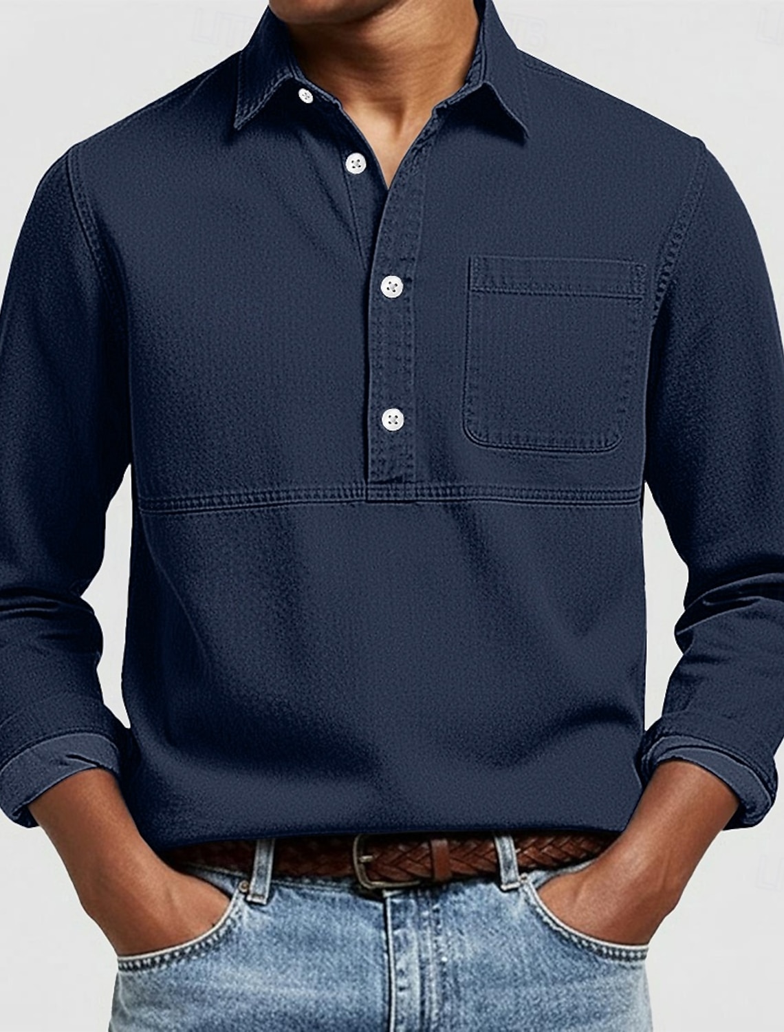 Men's Popover Shirt Oxford Pink Navy Blue Dark Gray Light Long Sleeve