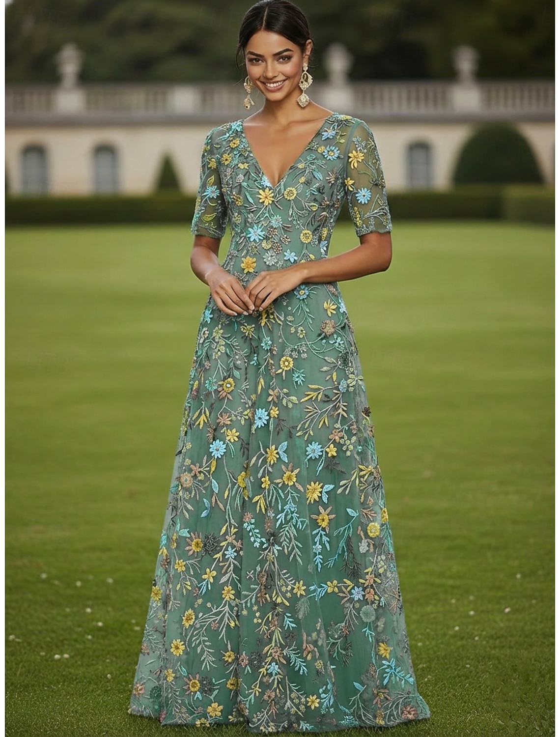 A-Line Dress Tea Length Cocktail Dress Wedding Guest Dress Mother of the Bride Dress Half Sleeve Crew Neck Boat Neck Elegant Casual Formal Kentucky Derby Semi Formal Tulle with Embroidery Appliques