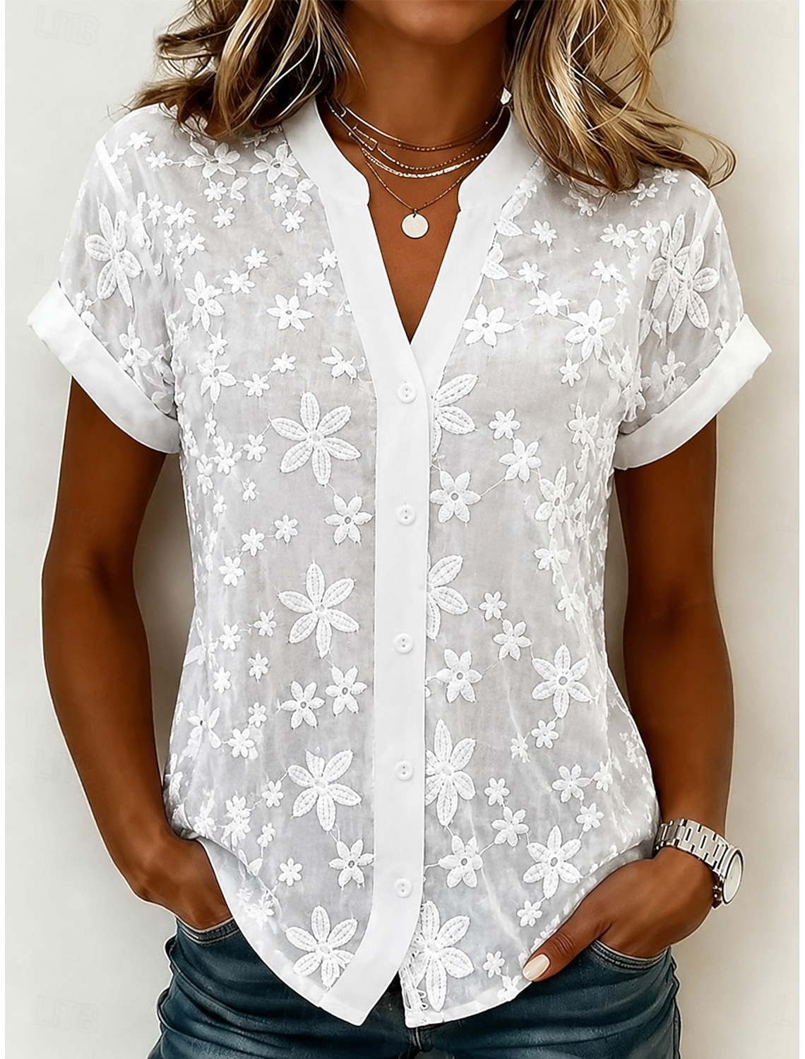 Women's T Shirt Embroidered Floral Graphic Fashion Short Sleeve Crew Neck Long Tops Casual Beach White Summer Spring