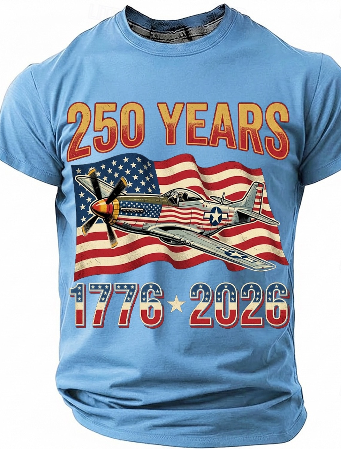 250th Anniversary July 4th 2026 Men's 250 Years 1776-2026 P-51 Mustang Fighter Plane Graphic T Shirt Short Sleeve Crew Neck Patriotic USA Flag Aviation Veteran Gift Designer Clothing Apparel