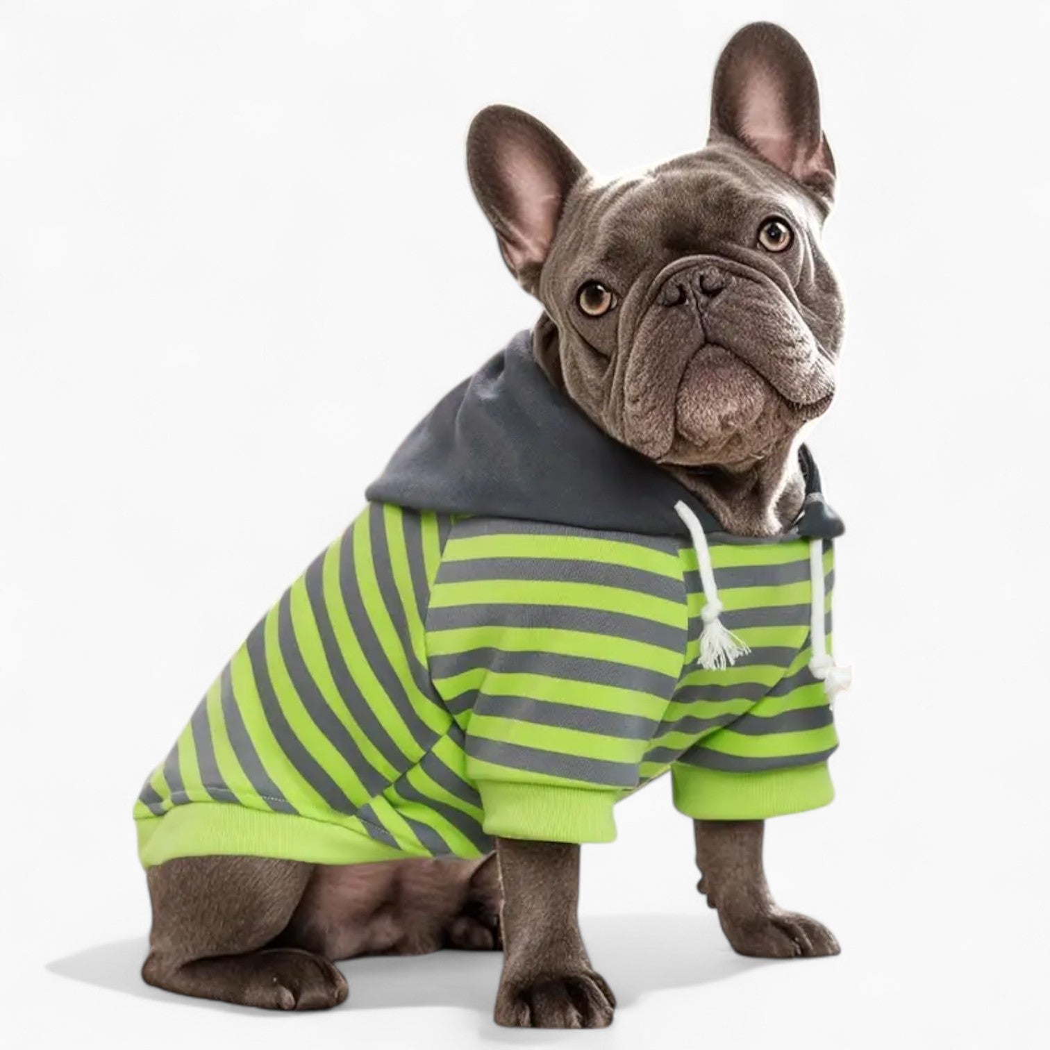 Striplee French Bulldog Hoodie – Soft Striped Knit Pullover with Leather-Style Tag