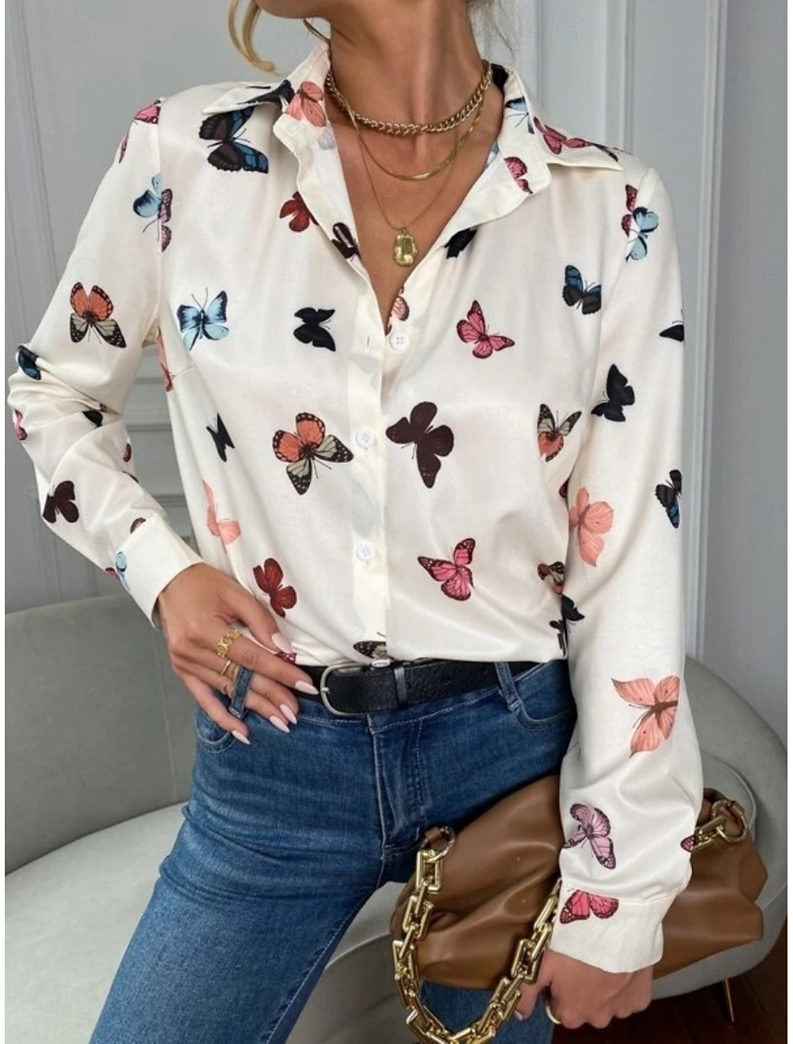 Women's Shirt Blouse Stylish Casual Butterfly Regular Tops Long Sleeve Shirt Collar Buttons Print Regular Fit Daily Summer Spring