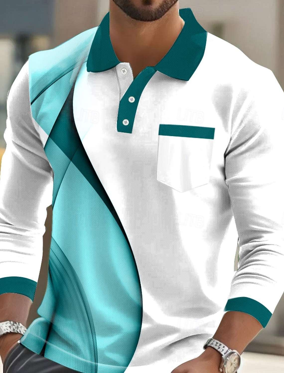 Men's Geometric Polo Long Sleeve Shirts Lapel Casual Business