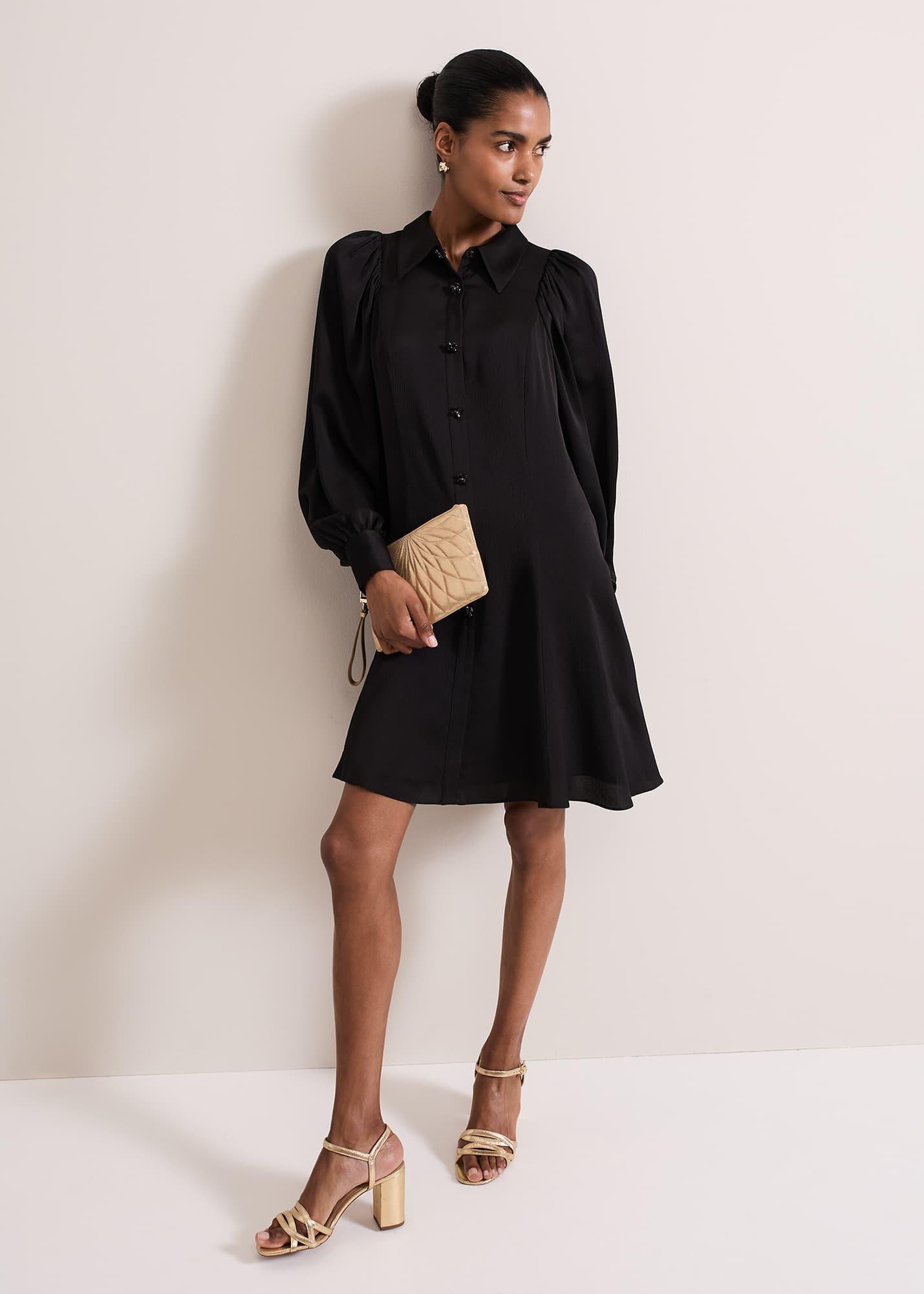 Tila Black Satin Embellished Shirt Dress