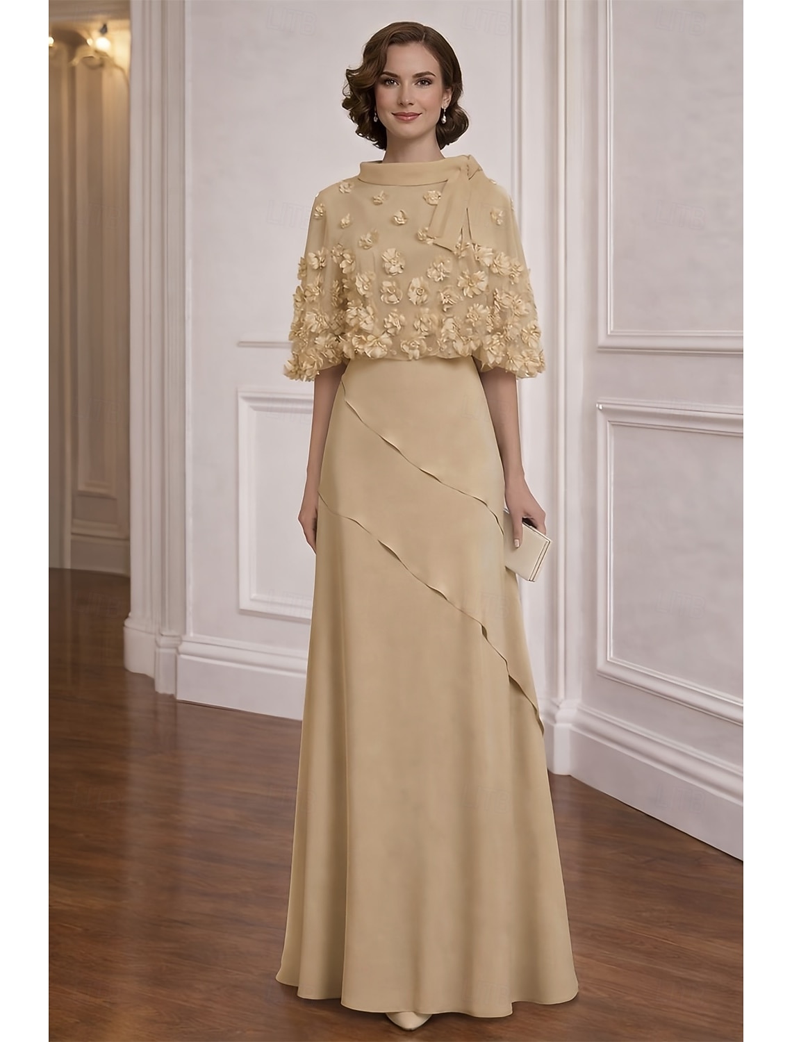 Two Piece A-Line Dress Floor Length Cocktail Dress Wedding Guest Dress Mother of the Bride Dress Half Sleeve Boat Neck Elegant Vintage Formal Chiffon Shawls with 3D Flowers Ruffles Tier