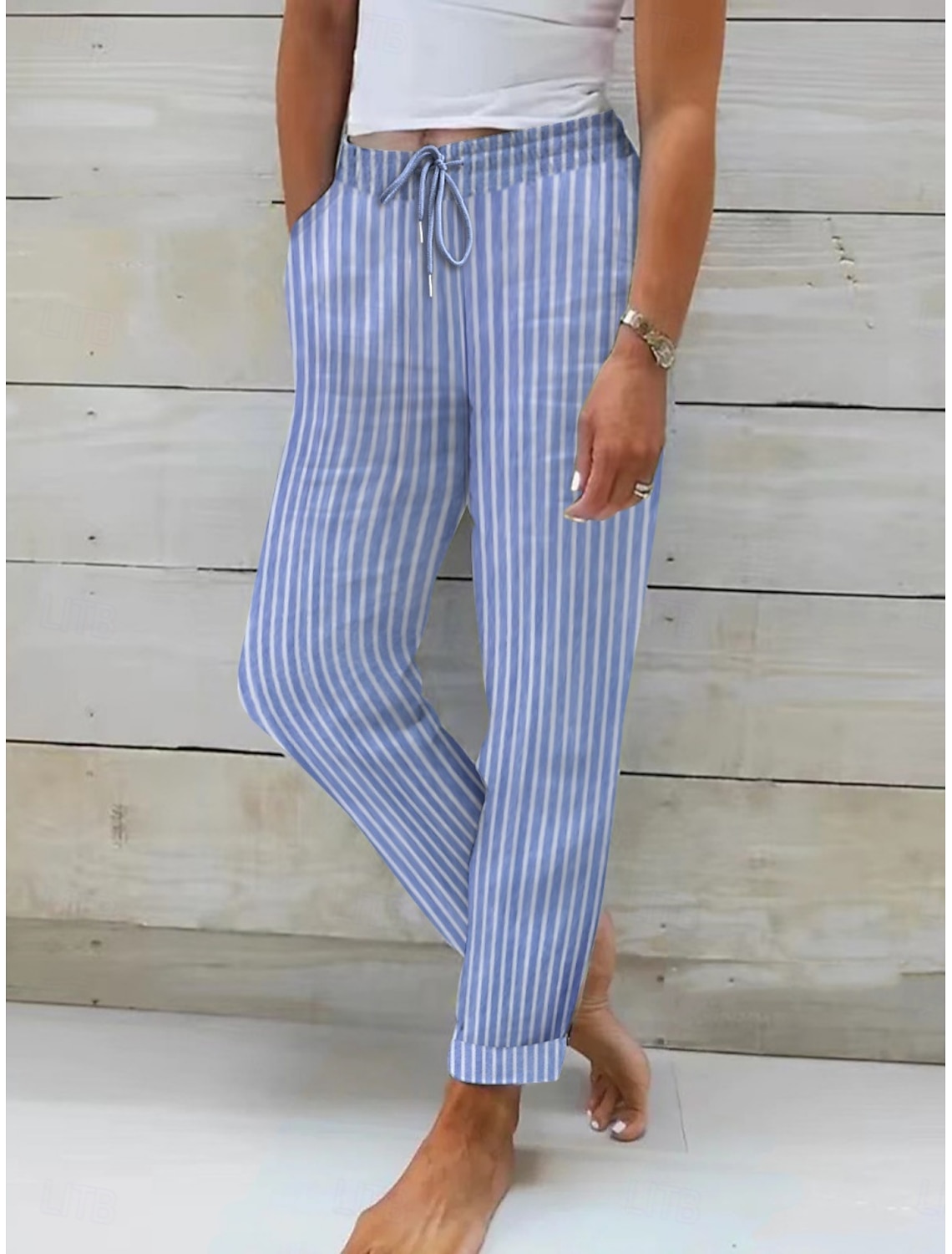 Women's Linen-feel Pants Summer Pants Pants Trousers Streetwear Casual Long High Waist Stripe Pocket Printing Elastic Drawstring Design Breathability Soft Micro-elastic Vacation Street Daily Wear
