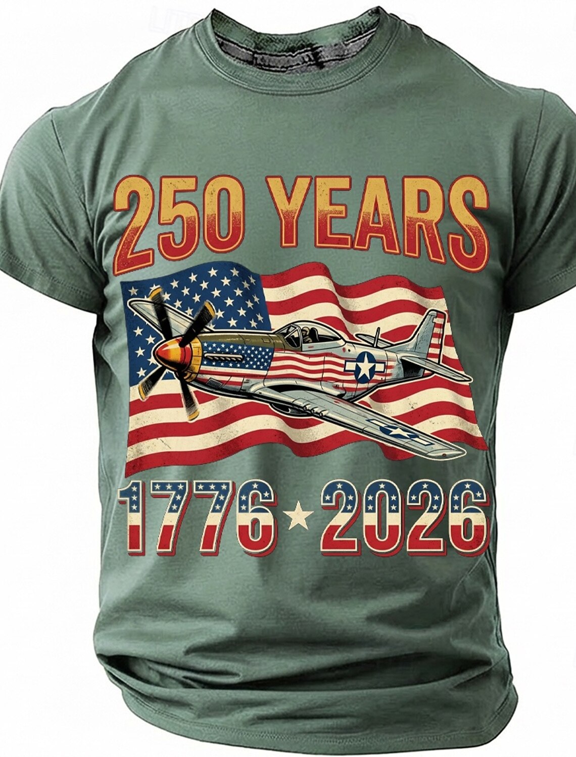 250th Anniversary July 4th 2026 Men's 250 Years 1776-2026 P-51 Mustang Fighter Plane Graphic T Shirt Short Sleeve Crew Neck Patriotic USA Flag Aviation Veteran Gift Designer Clothing Apparel