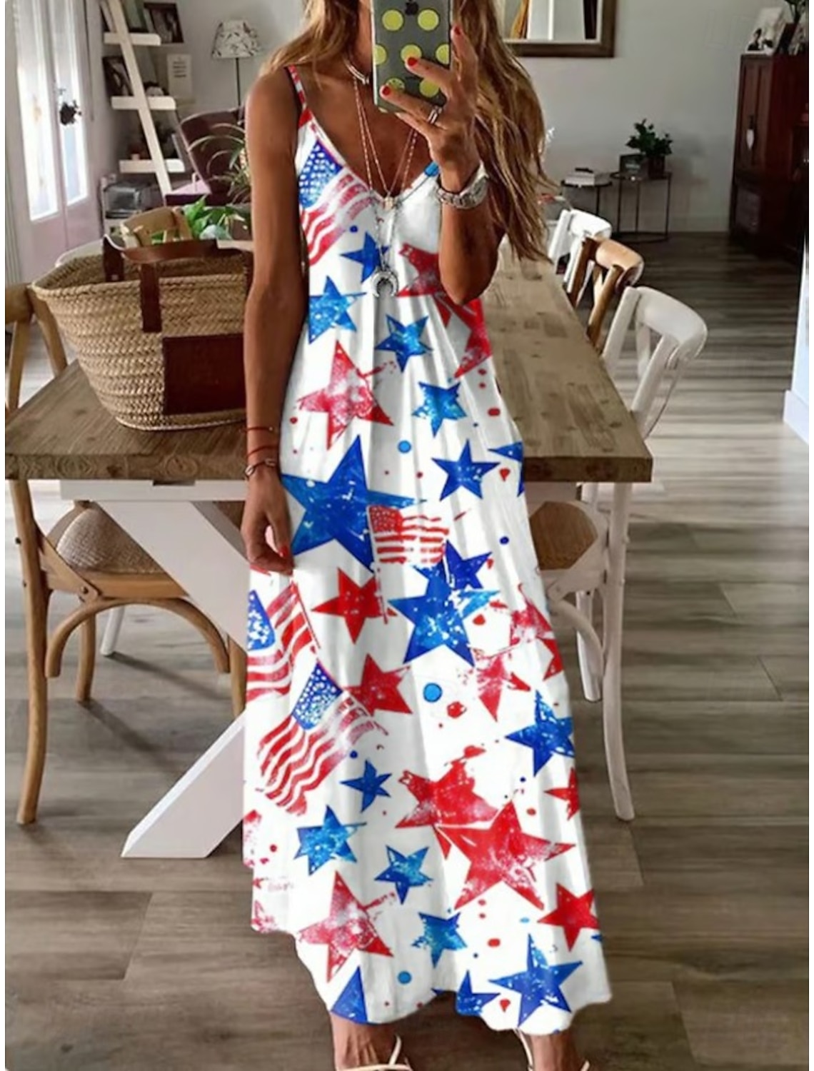 American Independence Day Women's Maxi Dress Slip Dress Party Daily Beach Loose Fit Stars and Stripes Sleeveless V Neck Spaghetti Strap White Summer Spring