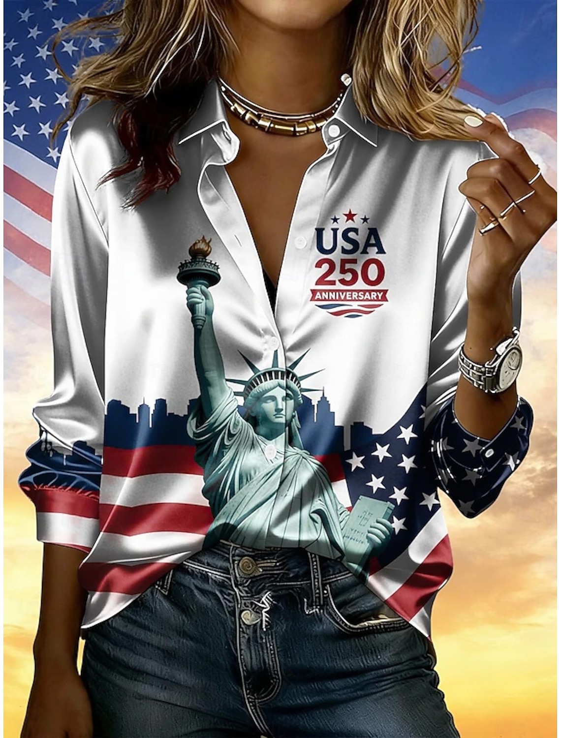 American Independence Day Women's Shirt Satin Shirt Button Down Shirt Casual Shirt Print Graphic Flag Classic Casual Long Sleeve Shirt Collar Regular Tops Daily Holiday Going out Blue Sky gray Yellow
