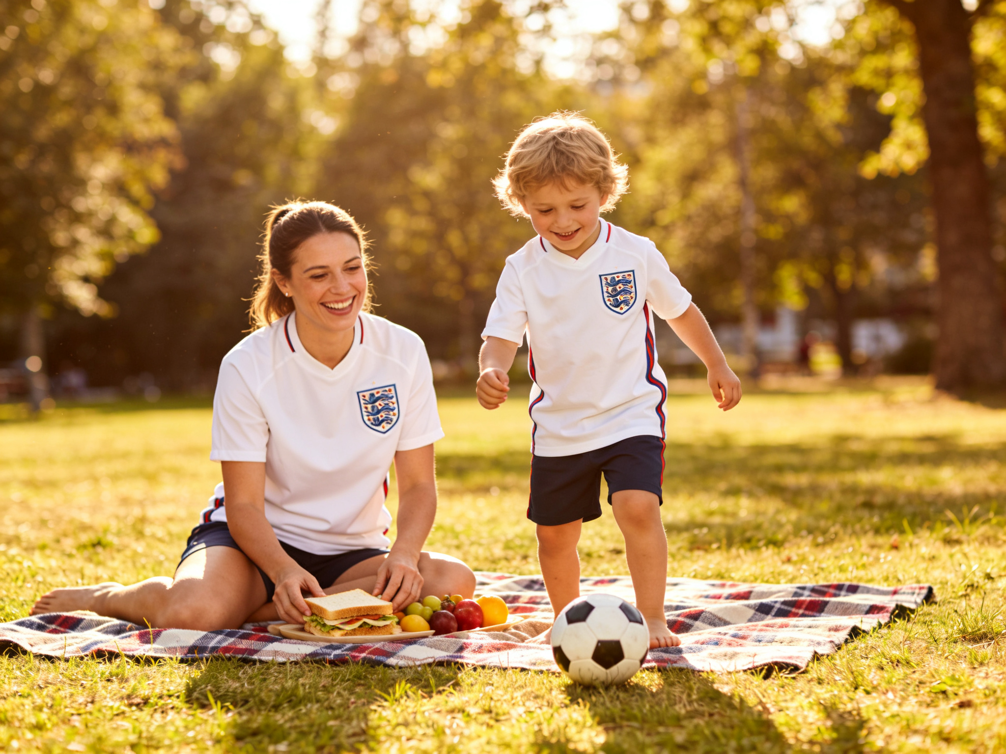 A lifestyle shot of a mother and child in England jerseys, having a picnic or playing casual football in a park.